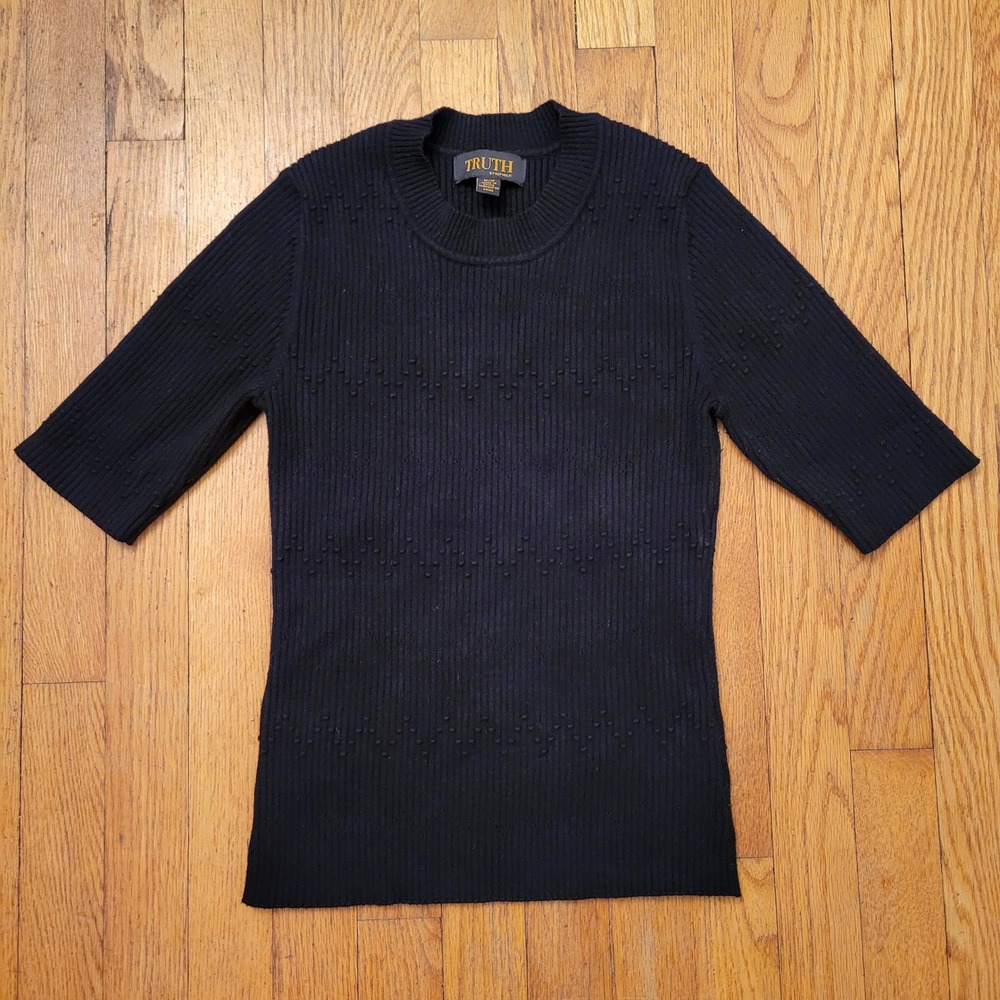 Truth M Knit Top Black Ribbed Academia Short Sleeve Cropped‎ Sweater Vintage